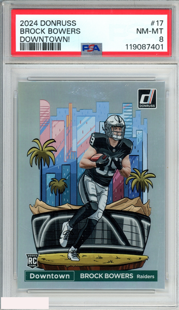 2024 PANINI DONRUSS DOWNTOWN! BROCK BOWERS #17 ROOKIE RC PSA 8 NM-MT