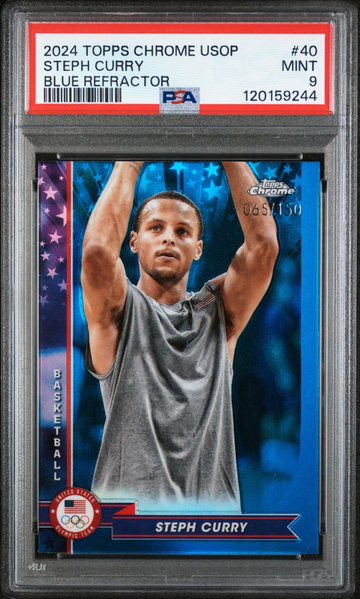 2024 Topps Chrome US Olympics Blue Refractor Stephen Curry #40 /150 PSA 9