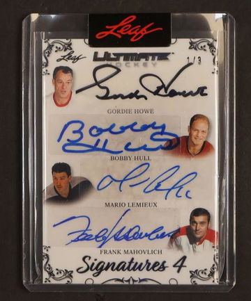 Leaf Ultimate Gordie Howe Bobby Hull Mario Lemieux Frank Mahovlich Signatures 4 /3 Auto