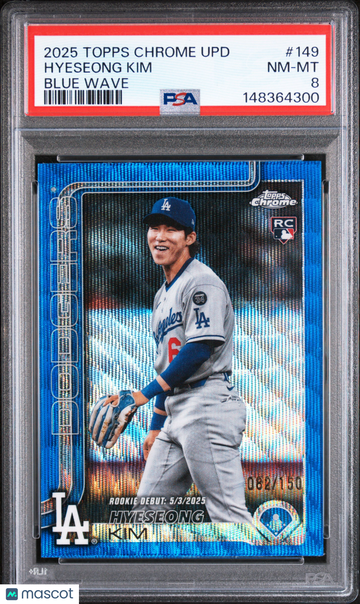 2025 Topps Chrome Update Hyeseong Kim #149 Blue Wave /150 Short Print Rookie PSA 8