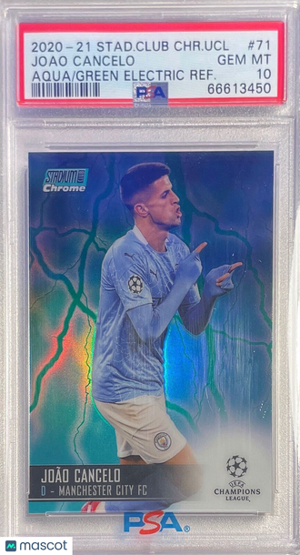 2020 Stadium Club Chrome UEFA Champions League Joao Cancelo #71 Aqua Green Electric Refractor PSA 10