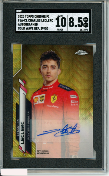 2020 TOPPS CHROME F1 CHARLES LECLERC#F1A-CL GOLD WAVE REF AUTO 39 OF 50 SGC 8.5