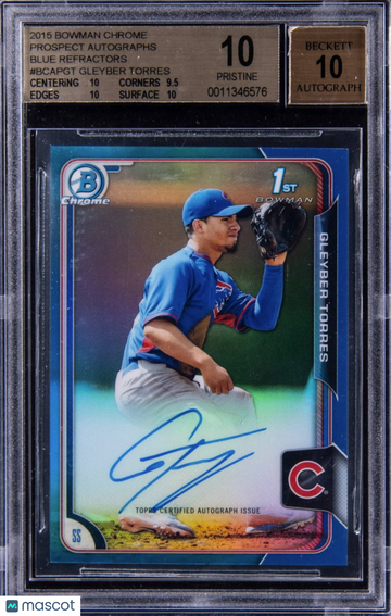 2015 Bowman Chrome Prospect Autographs Blue Refractors Gleyber Torres #BCAPGT BGS 10 Auto 10