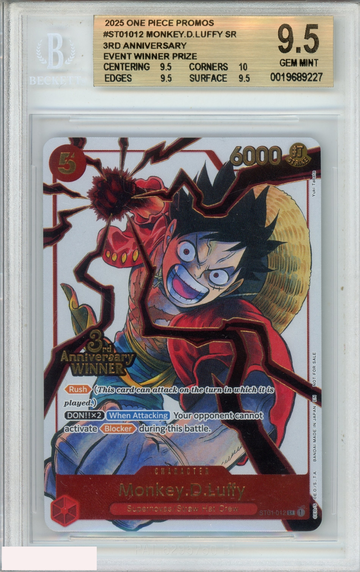2025 ONE PIECE PROMOS MONKEY D LUFFY #ST01012 3RD ANIV WINNER BGS 9.5 GEM MINT