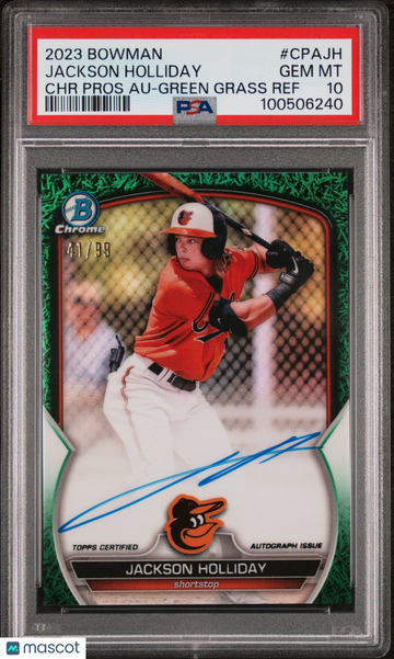2023 Bowman Chrome Prospect Autographs Jackson Holliday #CPAJH Green Grass Ref /99 PSA 10