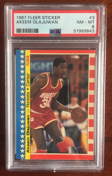 1987 Fleer Akeem Olajuwan sticker HOF PSA-8