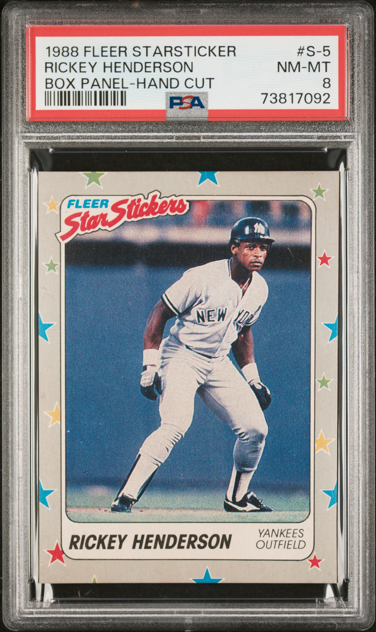Rickey Henderson 1988 Fleer Star Stickers Box Panel-Hand Cut  #S-5 PSA 8 HAND CUT