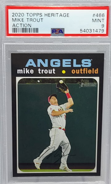 2020 Topps Heritage #466 Mike Trout Action Variation PSA 9