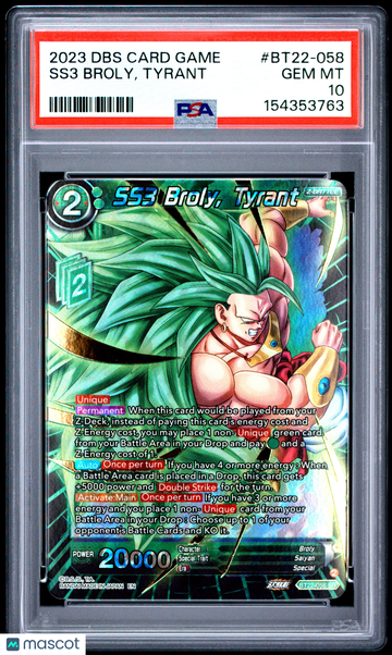 2023 Dragon Ball Super Card Game Series 22 Critical Blow SS3 Broly, Tyrant PSA 10 #BT22-058
