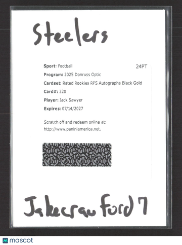 2025 Panini Donruss Optic Rated Rookies RPS Autographs Black Gold Jack Sawyer #220 Redemption