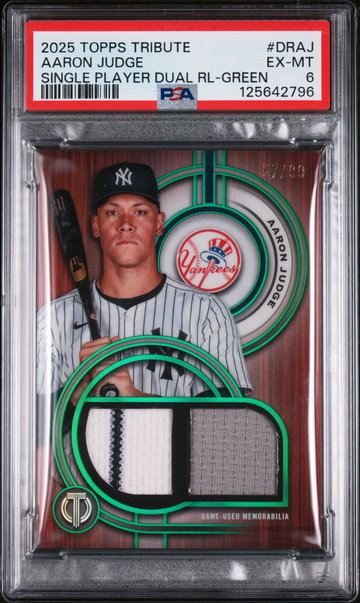 2025 Topps Tribute Single-Player Dual Relics Green Aaron Judge #DRAJ /99 PSA 6
