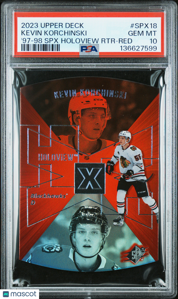 2023 Upper Deck Extended Series 1997-98 SPX Holoview Retros Kevin Korchinski #SPX18 '97 RTR Red /250 Rookie Insert PSA 1