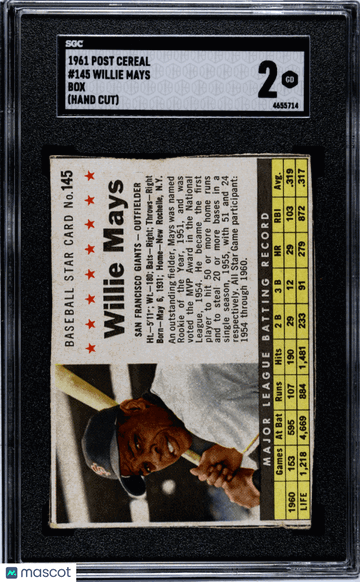 1961 Post Cereal Willie Mays #145 Box (Hand Cut) SGC 2