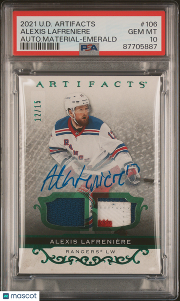 2021 Upper Deck Artifacts Alexis Lafreniere #106 Autograph Material Emerald /15 PSA 10