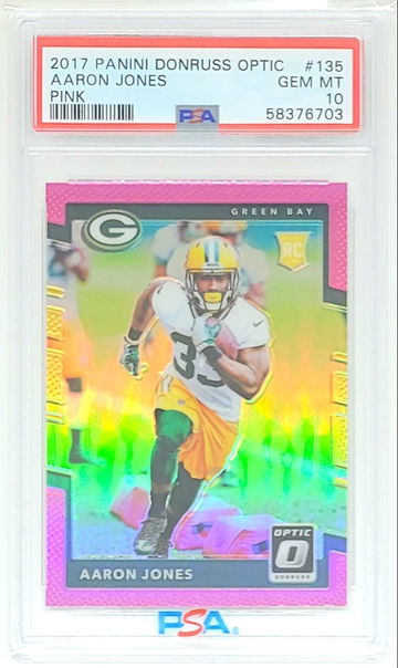 2017 OPTIC AARON JONES PINK HOLO PRIZM SP RC #135 PSA 10 GEM MINT PACKERS POP 16