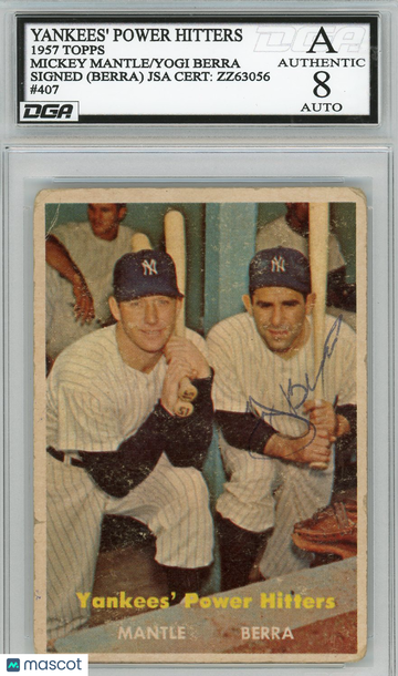 1957 Topps Yogi Berra Mickey Mantle #407 DGA 8 JSA Auto 8