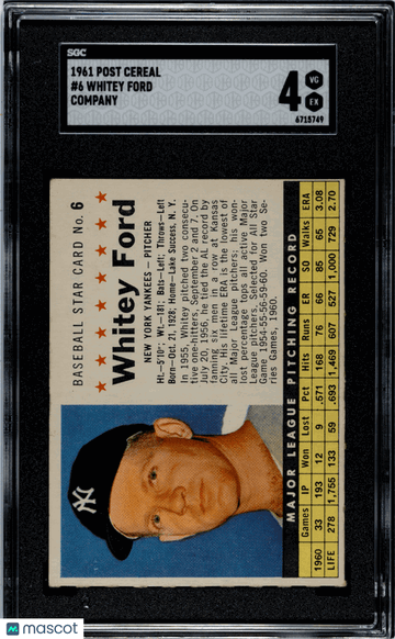 1961 Post Cereal Whitey Ford #6 Company SGC 4