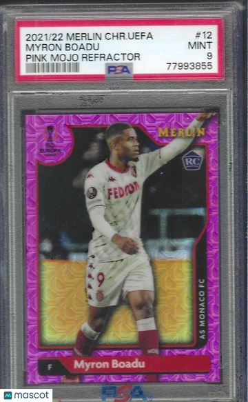 2021-2022 Topps Merlin Chrome UEFA League Myron Boadu #12 Pink Mojo Refractor PSA 9