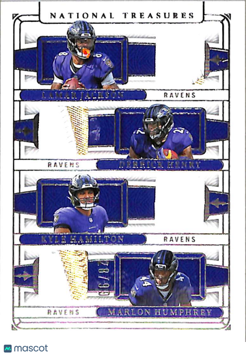 2026 Panini National Treasures Marlon Humphrey Kyle Hamilton Lamar Jackson Derrick Henry #NQM-BAL Memorabilia Quad Mater