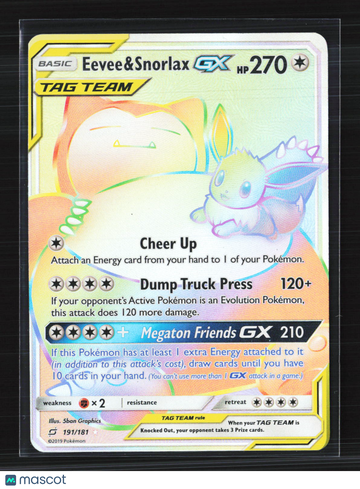 2019 Team Up Eevee & Snorlax GX Rainbow Secret Rare TAG TEAM #191/181