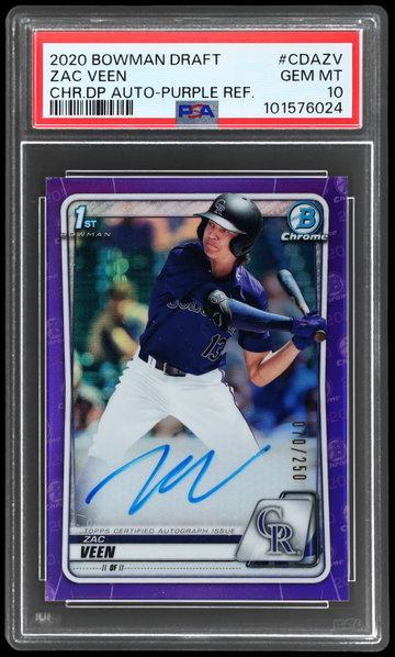 2020 Bowman Draft Zac Veen Chrome Draft Pick Autograph Purple Refractor PSA 10