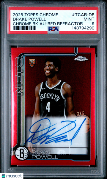 2025 Topps Chrome Chrome Rookie Autographs Drake Powell #TCAR-DP RK Red Refractor /5 PSA 9