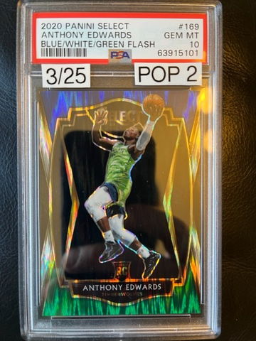 2020 Anthony Edwards Select Premier Level BLUE/WHITE/GREEN FLASH 3/25. POP 2. PSA 10. 