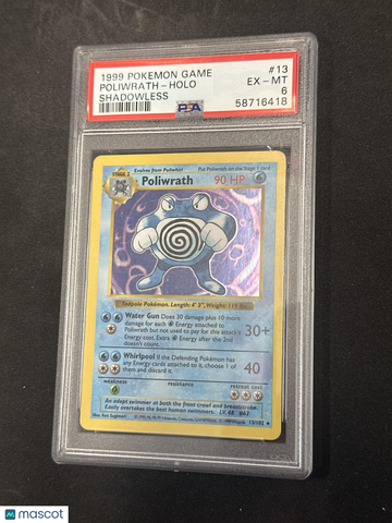 1999 Pokemon Game Poliwrath Holo Shadowless PSA 6 #13