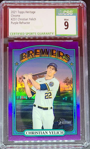 2021 Topps Heritage Chrome #251 Christian Yelich Purple Refractor CSG Mint 9