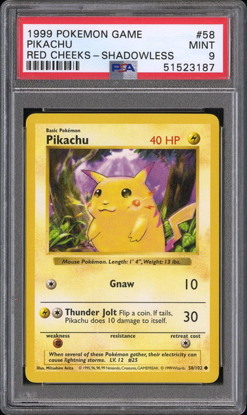 1999 Pokemon Base Set Red Cheeks Shadowless Pikachu #58 PSA 9