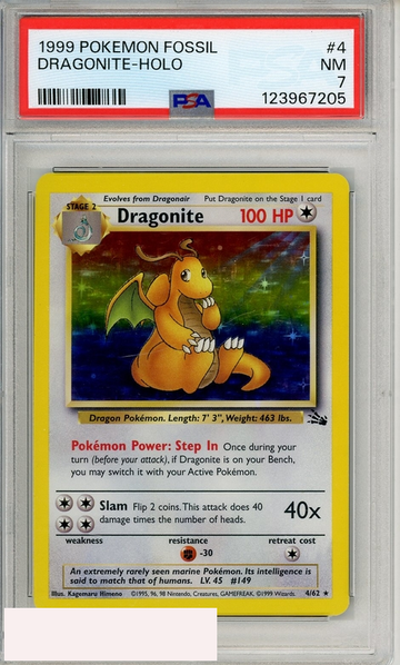 1999 POKEMON FOSSIL DRAGONITE-HOLO #4 PSA 7 NM
