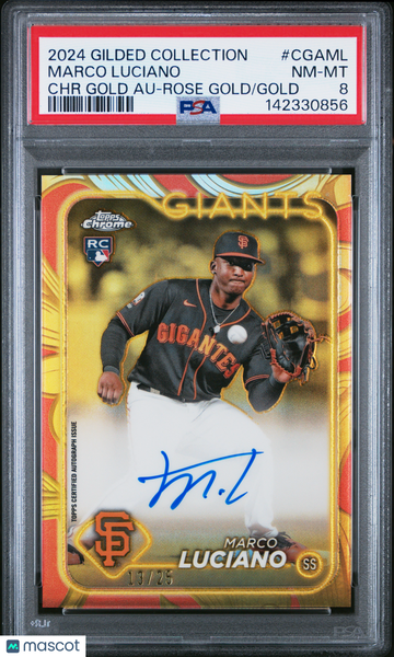 2024 Topps Gilded Collection Topps Chrome Gold Autographs Marco Luciano #CGAML Rose /25 PSA 8