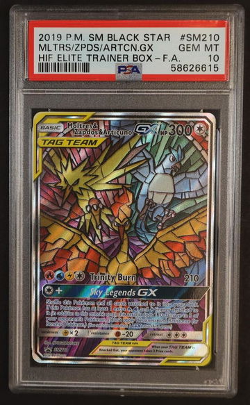 2019 Pokemon Sun and Moon Black Star Promo Hidden Fates Elite Trainer Box Articuno/Moltres/Zapdos Gx #SM210 PSA 10