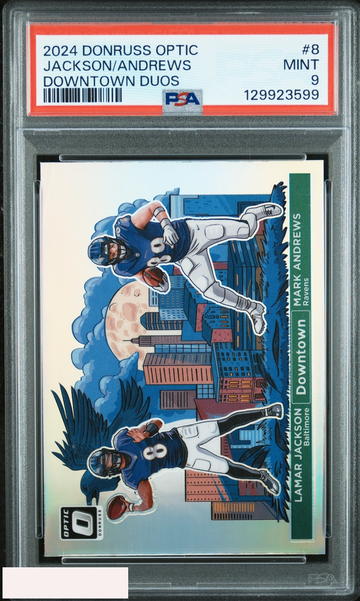 2024 PANINI DONRUSS OPTIC DOWNTOWN DUOS LAMAR JACKSON MARK ANDREWS #8 PSA 9