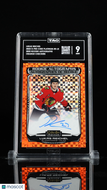 2023 O-Pee-Chee Platinum Lukas Reichel #R-LR Orange Checkers /15 Short Print Parallel/Variety Rookie TAG 9