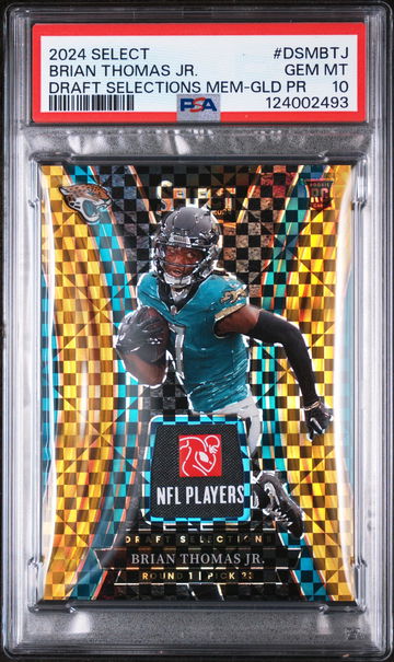 2024 Panini Select Draft Selections Memorabilia Gold Prizm Brian Thomas Jr. #DSMBTJ /100 PSA 10