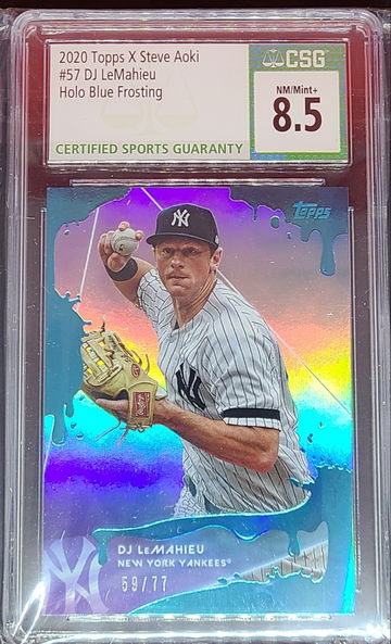 2020 Topps x Steve Aoki #57 DJ LeMahieu Holo Blue Frosting 59/77 CSG NM/Mint+ 8.5