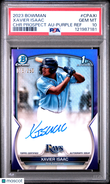 2023 Bowman Chrome Prospect Autographs Xavier Isaac #CPAXI Purple Ref /250 PSA 10