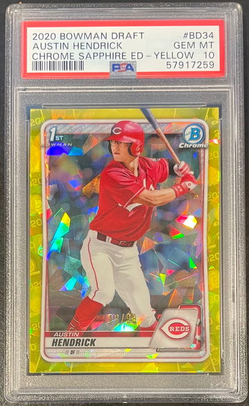 2020 Bowman Chrome Draft Sapphire Austin Hendrick Yellow /99 PSA 10 Reds RC