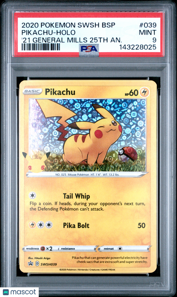 2020 Pokemon Swsh Black Star Promo Pikachu Holo '21 General Mills 25th An. PSA 9 #039