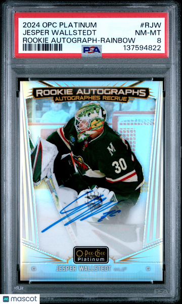 2024-25 O-Pee-Chee Platinum Rookie Autographs Jesper Wallstedt #RJW Rainbow PSA 8