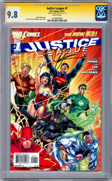JUSTICE LEAGUE #1 CGC-SS 9.8 SIGNED BY WRITER GEOFF JOHNS SAN DIEGO COMCON 2012