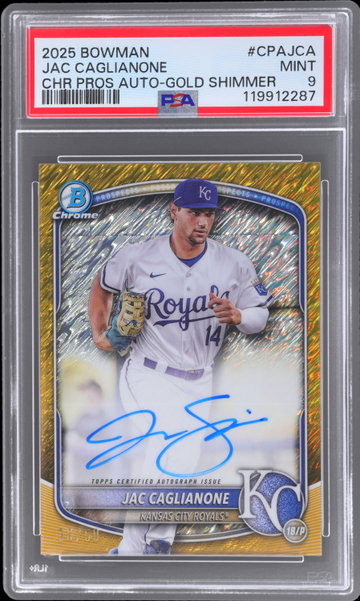 2025 Bowman Chrome Jac Caglianone Prospect Autograph Gold Shimmer Refractor PSA 9