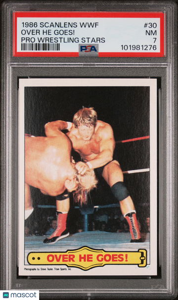 1986 Scanlens WWF Pro Wrestling Stars Over He Goes! #30 PSA 7