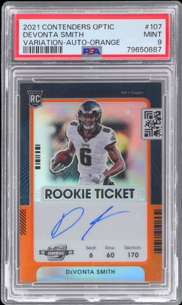 2021 Panini Contenders Optic Devonta Smith Team Helmet Variation Rookie Ticket Autograph Orange PSA 9 RC