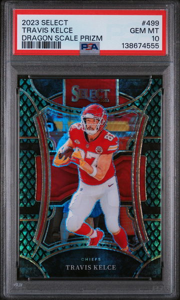 2023 Panini Select Prizm Dragon Scale Travis Kelce #499 /49 PSA 10