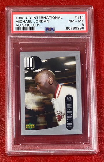 1998 Upper Deck international Michael Jordan MJ Stickers #114 PSA 8 Chicago Bulls NBA 