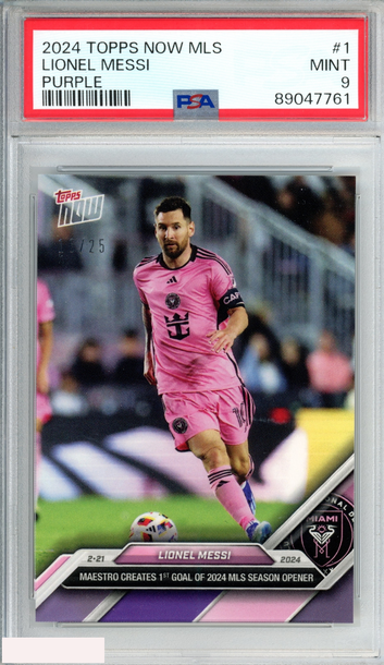 2024 TOPPS NOW MLS LIONEL MESSI #1 PURPLE 16 OF 25 INTER MIAMI PSA 9 MINT