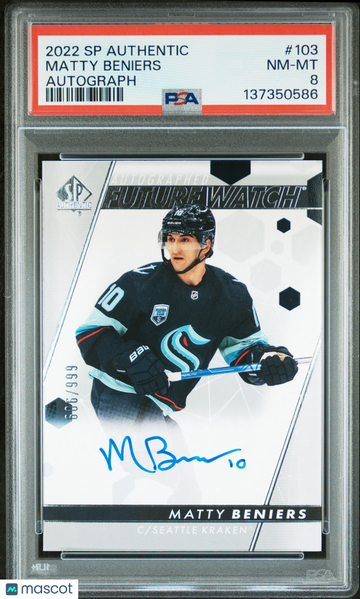 2022 Upper Deck SP Authentic Matty Beniers #103 Future Watch Auto /999 Rookie PSA 8