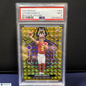 Graded 2024 Panini Mosaic #302 Jayden Daniels Reactive Yellow Mosaic Prizm PSA 9 Rookie Football Card